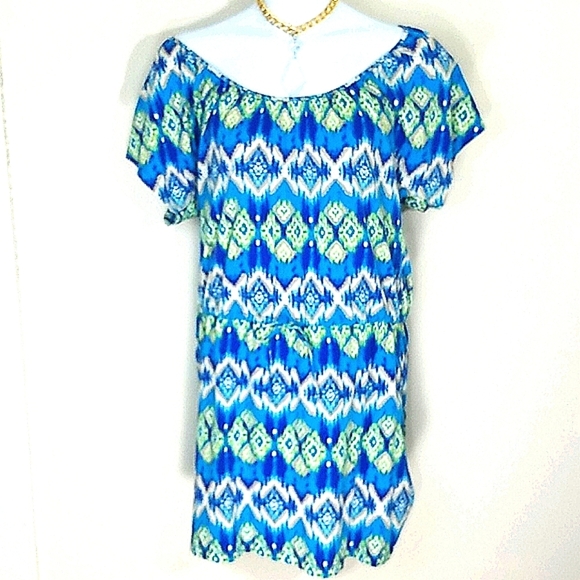 Drop Waist Cinched Dress  Short sleeve off shoulder Colorful Tribal Print Cotton - Picture 1 of 8